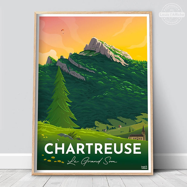 affiche illustrée du Grand Som en Chartreuse, travel poster ciel orange, forêt somptueuse des Alpes