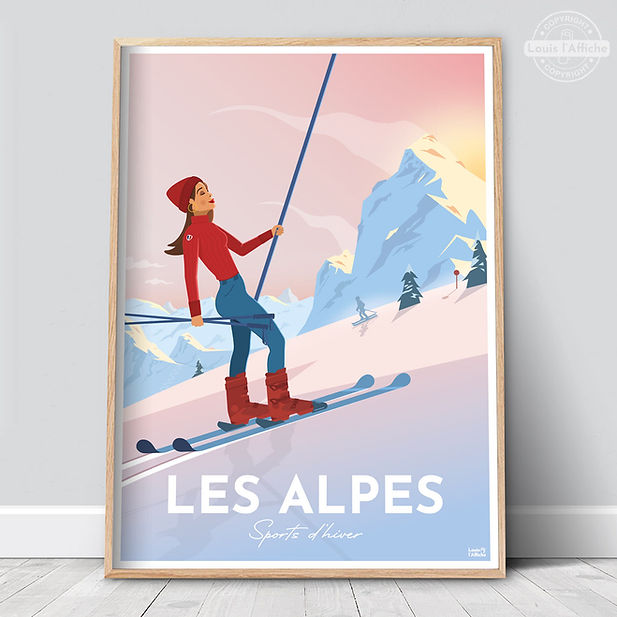 alpes ski, travel poster skieuse chic et montagnes au coucher de soleil