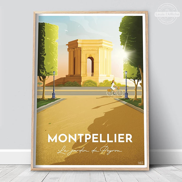 affiche vintage Montpellier, travel poster peyrou soleil et femme à vélo au château d’eau