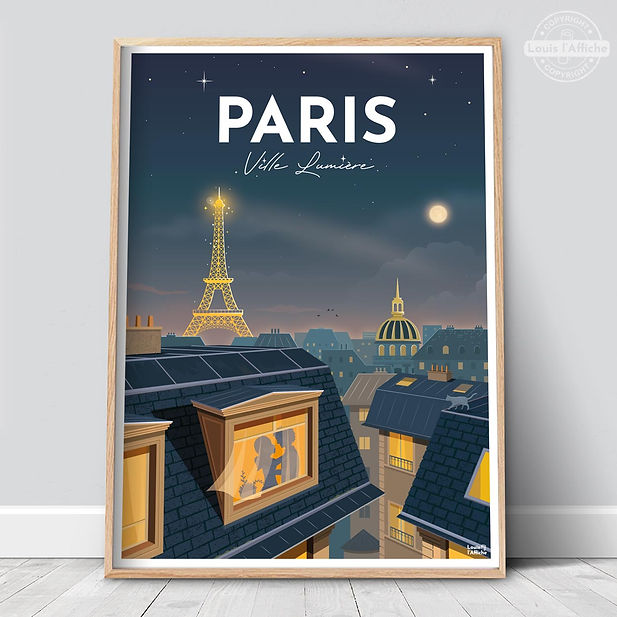 vue de paris de nuit avec tour eiffel et toits illuminés dans un style travel poster rétro