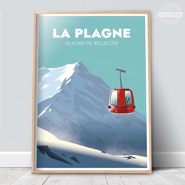 glacier alpin de la Plagne et télécabine givrée dans la lumière d’hiver, un poster rétro pour déco de skieur