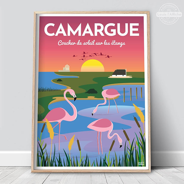 poster de flamants roses au coucher du soleil en camargue, vue sur église des saintes-maries