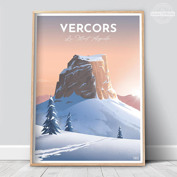 le Mont aiguille, affiche vintage pour déco salon, lumière rose sur neige et forêt du Vercors