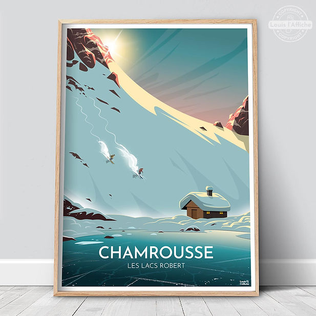 illustration de Chamrousse les Lacs Robert enneigés, travel poster montagne coucher de soleil