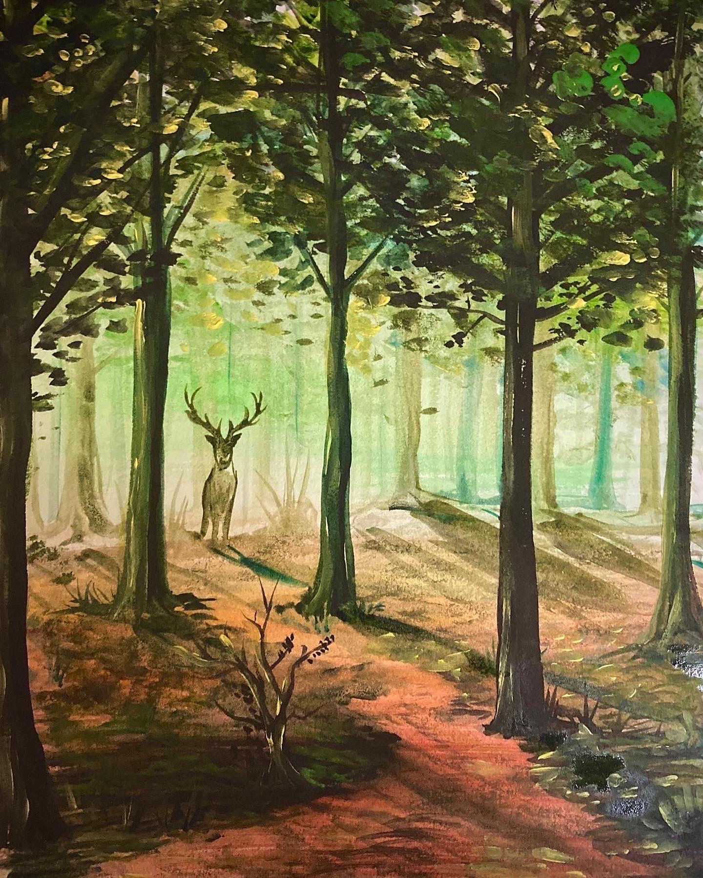 Watercolor of a stag in a misty forest during the golden hour