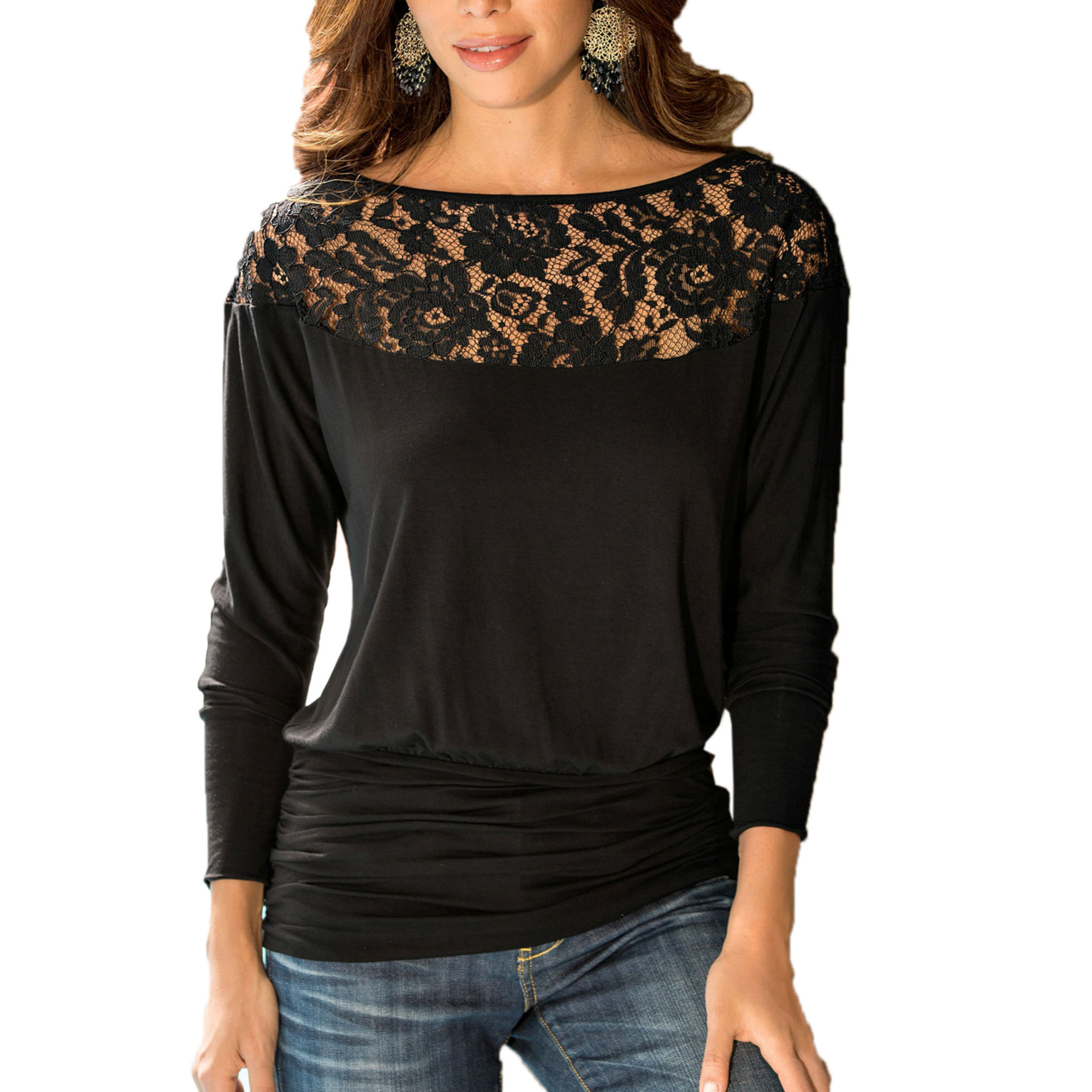 Lace Stitching Chiffon Blouses Loose Slash Neck