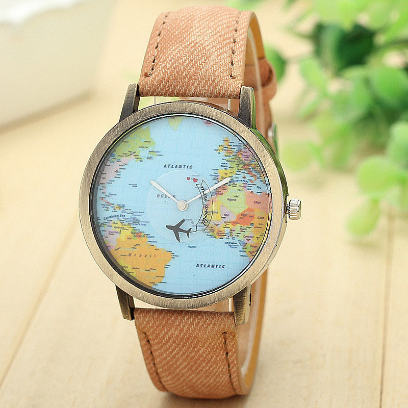 Global Travel By Plane Map Denim Fabric Band Watch