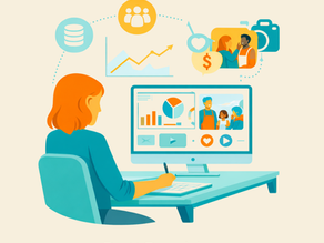 Illustration of a nonprofit professional at a desk using data, photos, and charts on a computer screen to turn information into visual stories.