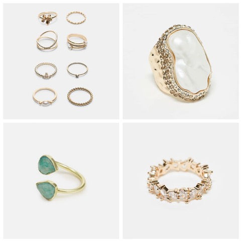 Source : Stradivarius Set of 8 Rhinestone Rings – ASOS, 12,99 € / ASOS DESIGN – Bague tendance avec perle nacrée, 14,99 € / Sweet Deluxe – CATHRINE Ring – Zalando, 26,95 € / ASOS DESIGN – Bague avec cristaux variés en zircon cubique – 11,99 €.