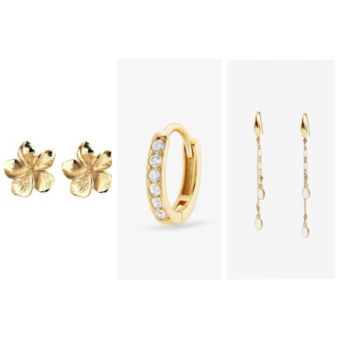 Source : ASOS DESIGN – Boucles d’oreilles fleur en acier inoxydable étanche – Doré. ASOS, 14,99 € / Boucle d’oreille Diana Blanche – Nébuleuse Bijoux, 36 € / Boucles d’oreilles Casablanca – Boucles dorées à pampilles Casablanca, 110 €.
