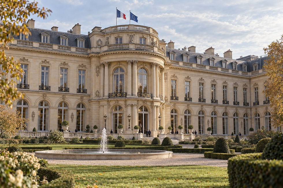 The Hôtel du Ministre, historic home of French diplomacy at the Quai d’Orsay in Paris. AI-generated editorial illustration for FQM, informed by architectural references. It does not represent an exact documentary photograph of the building.