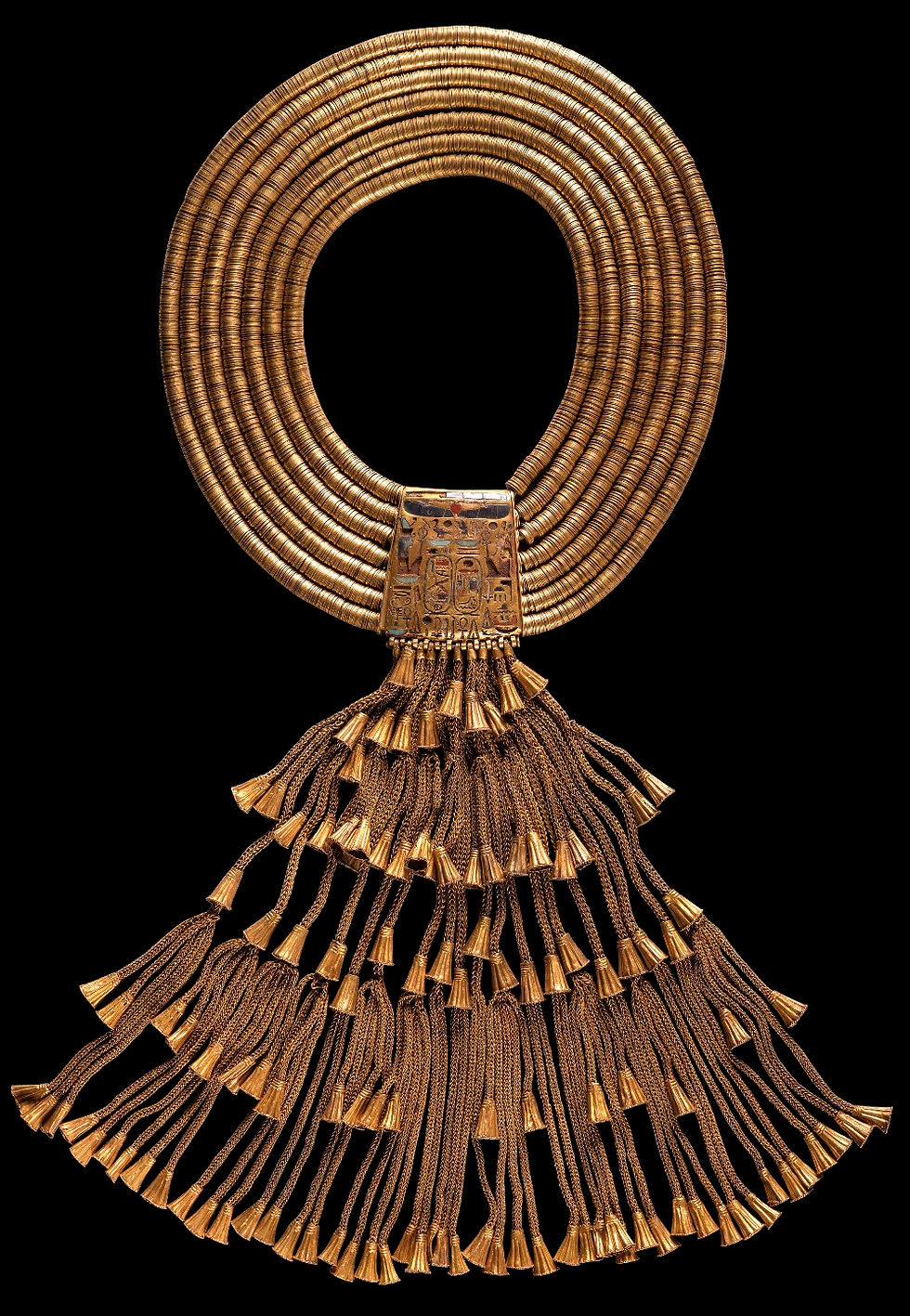 Collar of Psusennes I. Tomb of Psusennes I, Tanis. Third Intermediate Period, Dynasty 21. Gold, lapis lazuli, carnelian, and jasper, 27 9/16 x 15 3/4 in. (70 x 40 cm). The Egyptian Museum in Cairo, JE 85752, SR 1/8418. Photograph by Massimo Listri