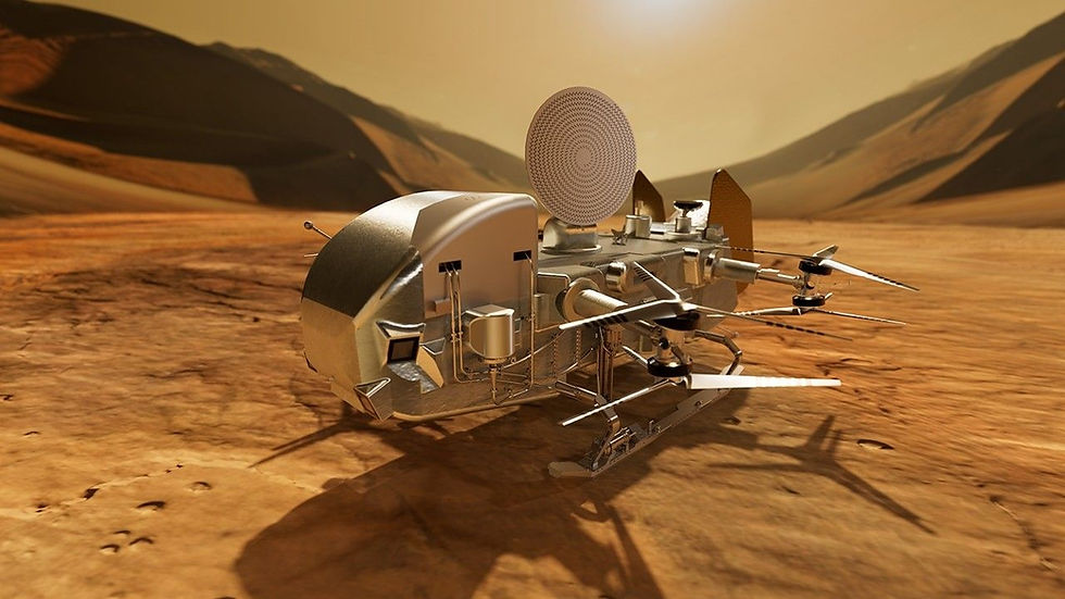 Illustration artistique du drone Dragonfly en gros plan . Crédit image : NASA/Johns Hopkins APL.