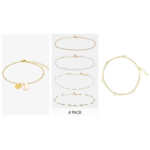 Source : Heideman – Bracelets de cheville – Zalando, 34,99 € / ASOS DESIGN pack of 4 anklets with green and gold bead design – 9,99 € / Bracelet de cheville Delight Zirkonia – Bijou Brigitte, 24,95 €.