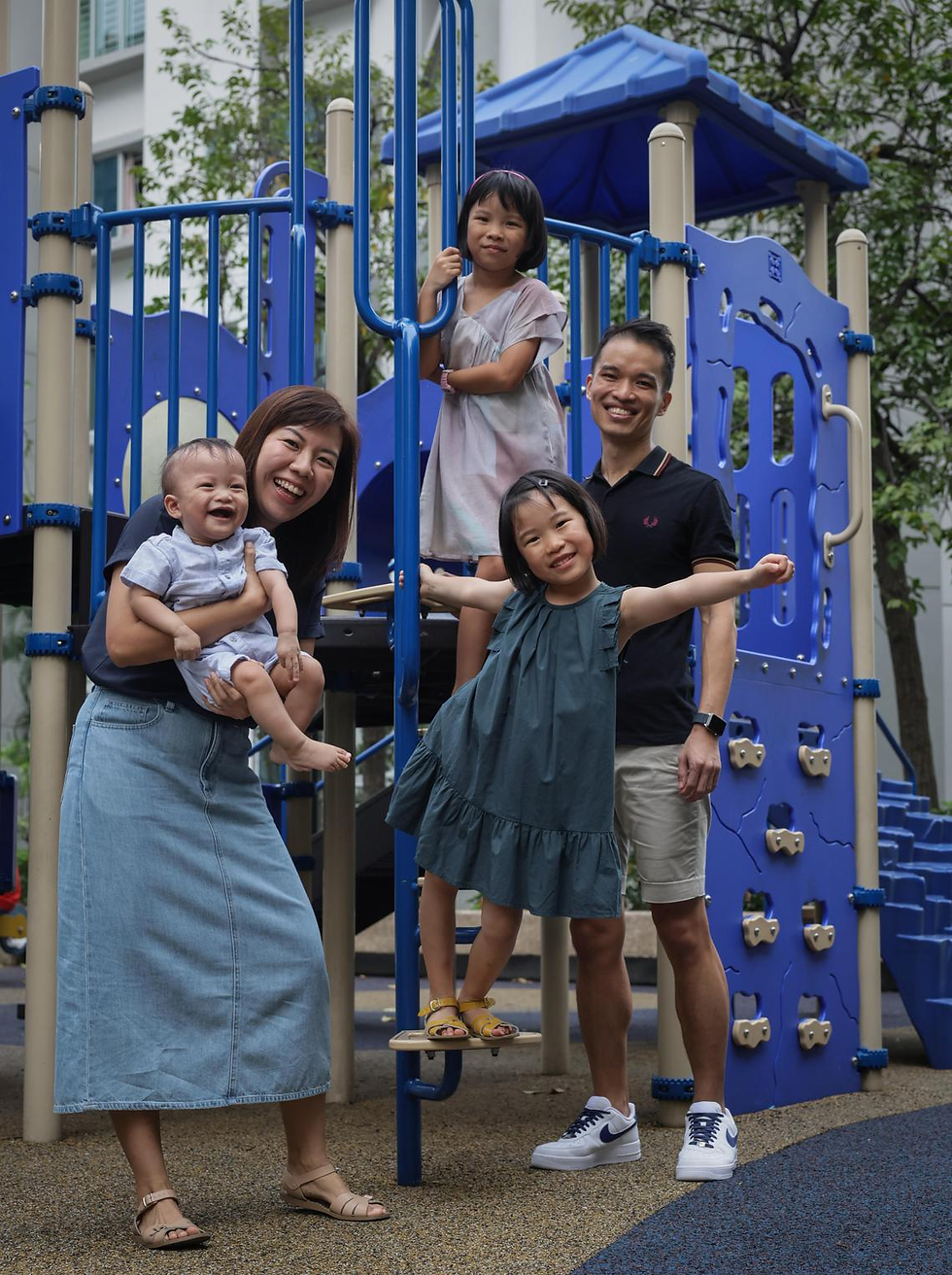 Mr Donovan Low, 36, and his wife Janice Chiang, 38, with her children ( from left) one-year-old Matthew; Charis, eight, and Megan, seven. ST PHOTO: GIN TAY.