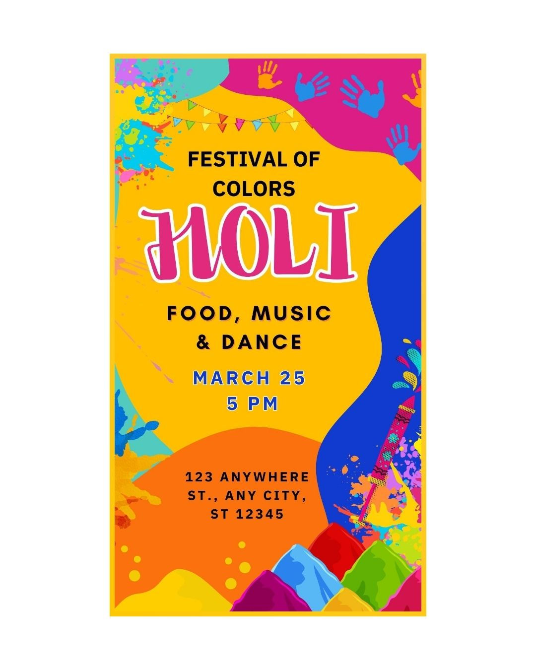 Colorful Holi Festival Invitation Card – Food, Music & Dance Theme