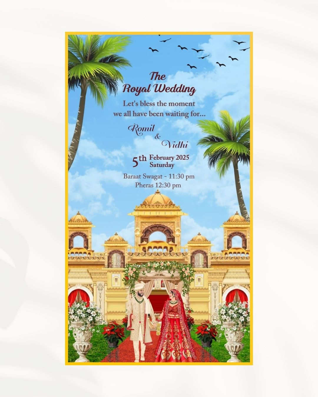 Royal Rajasthani Wedding Invitation With Palace Mandap And Couple Illustration