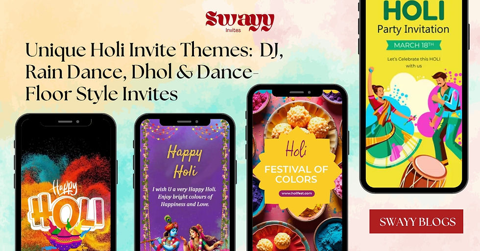 Explore unique Holi invite themes like DJ, rain dance, and dhol-style digital invitations that set the mood for unforgettable celebrations.