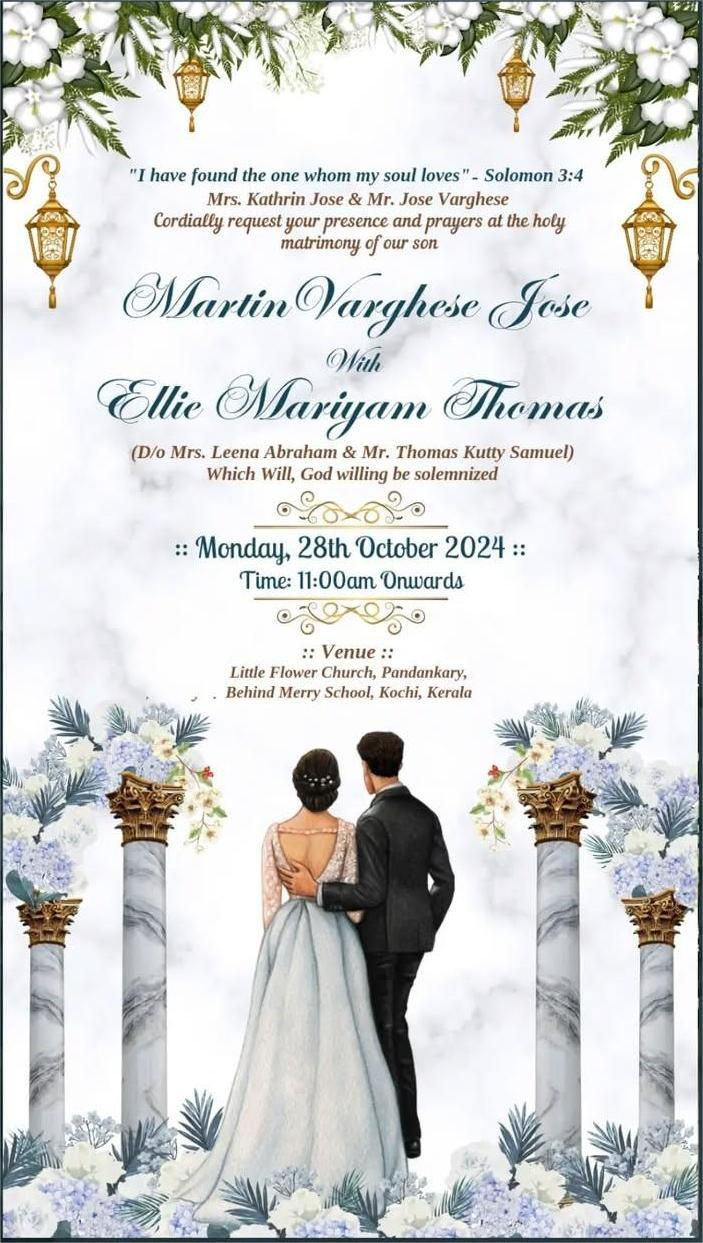 Thumbnail: Elegant Christian wedding invitation card with bride and groom illustration, floral decorations and marble background