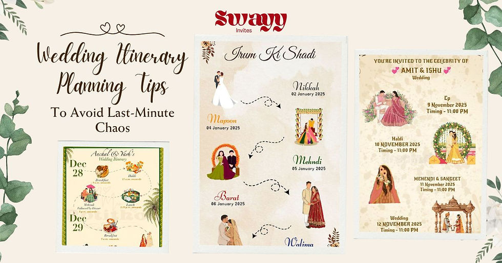 Discover wedding itinerary planning tips to avoid last-minute chaos. Create clear schedules using digital invites and Hindu wedding e-invites.