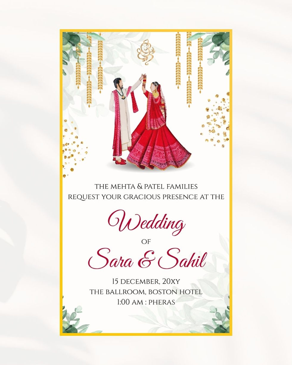 Bengali wedding digital invitation featuring illustrated bride and groom dancing with floral decorations