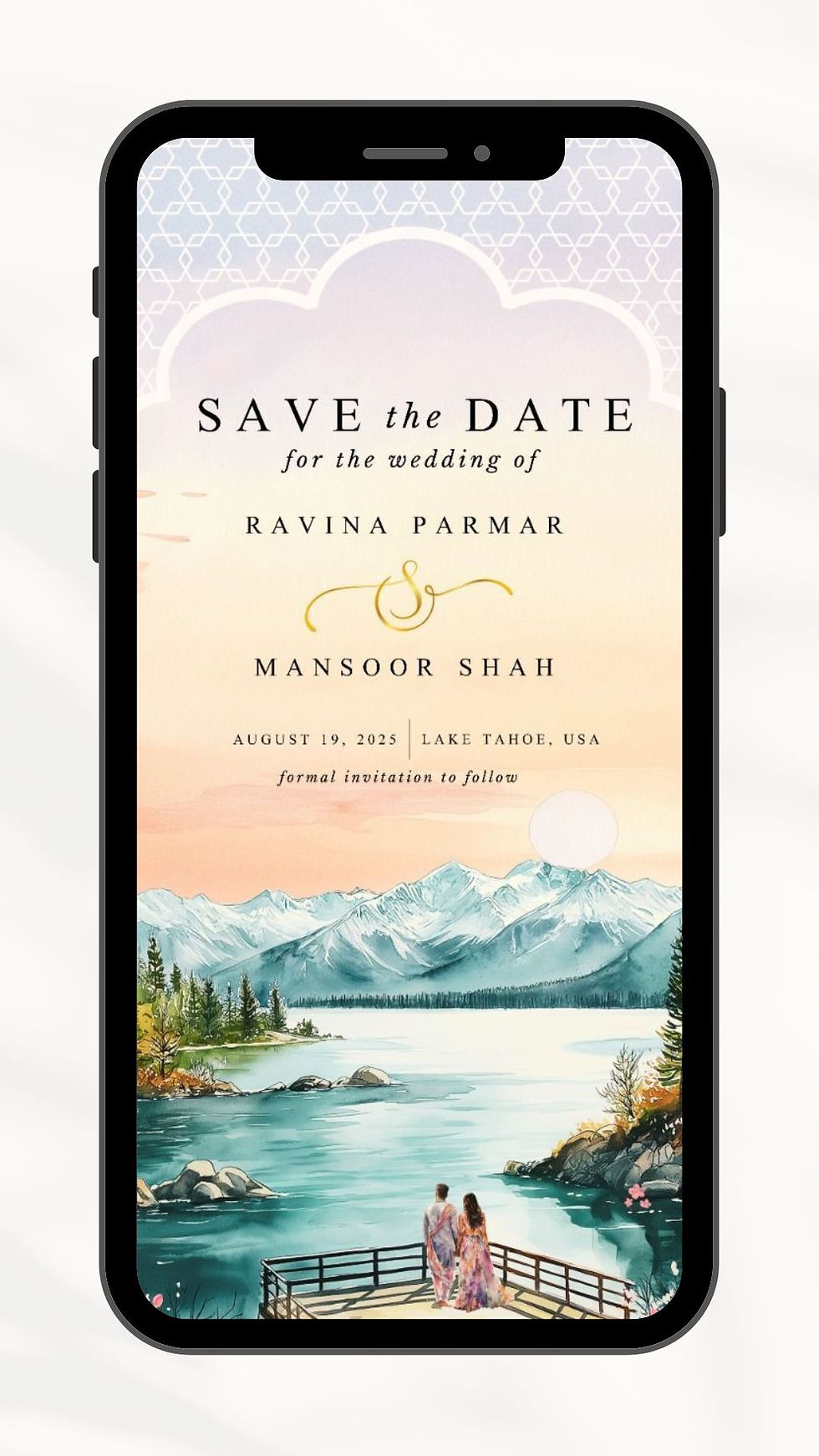 Watercolor mountain save the date wedding invitation with scenic lake landscape and couple illustration