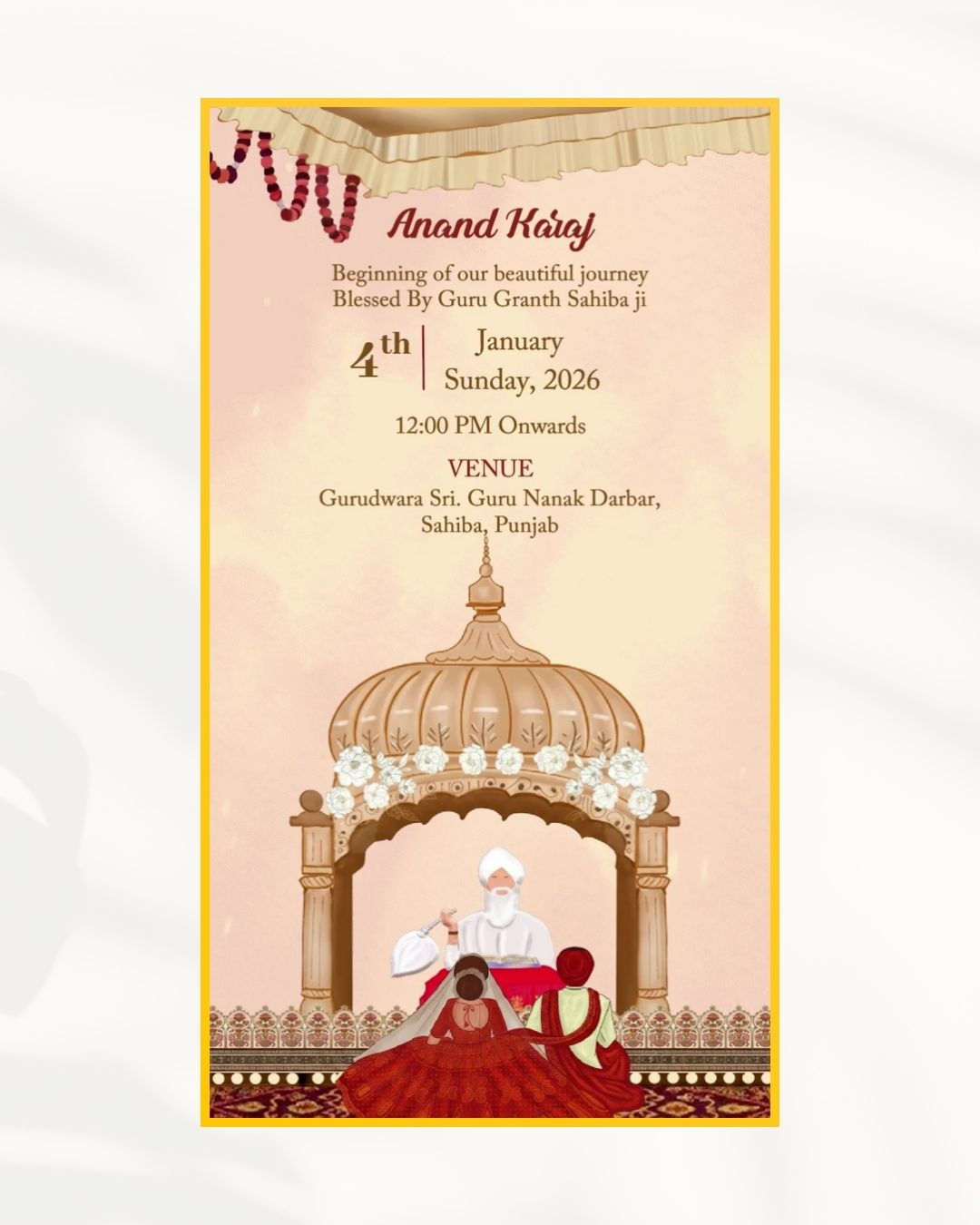 Minimal Sikh wedding invitation card featuring Anand Karaj ceremony with Sikh bride and groom