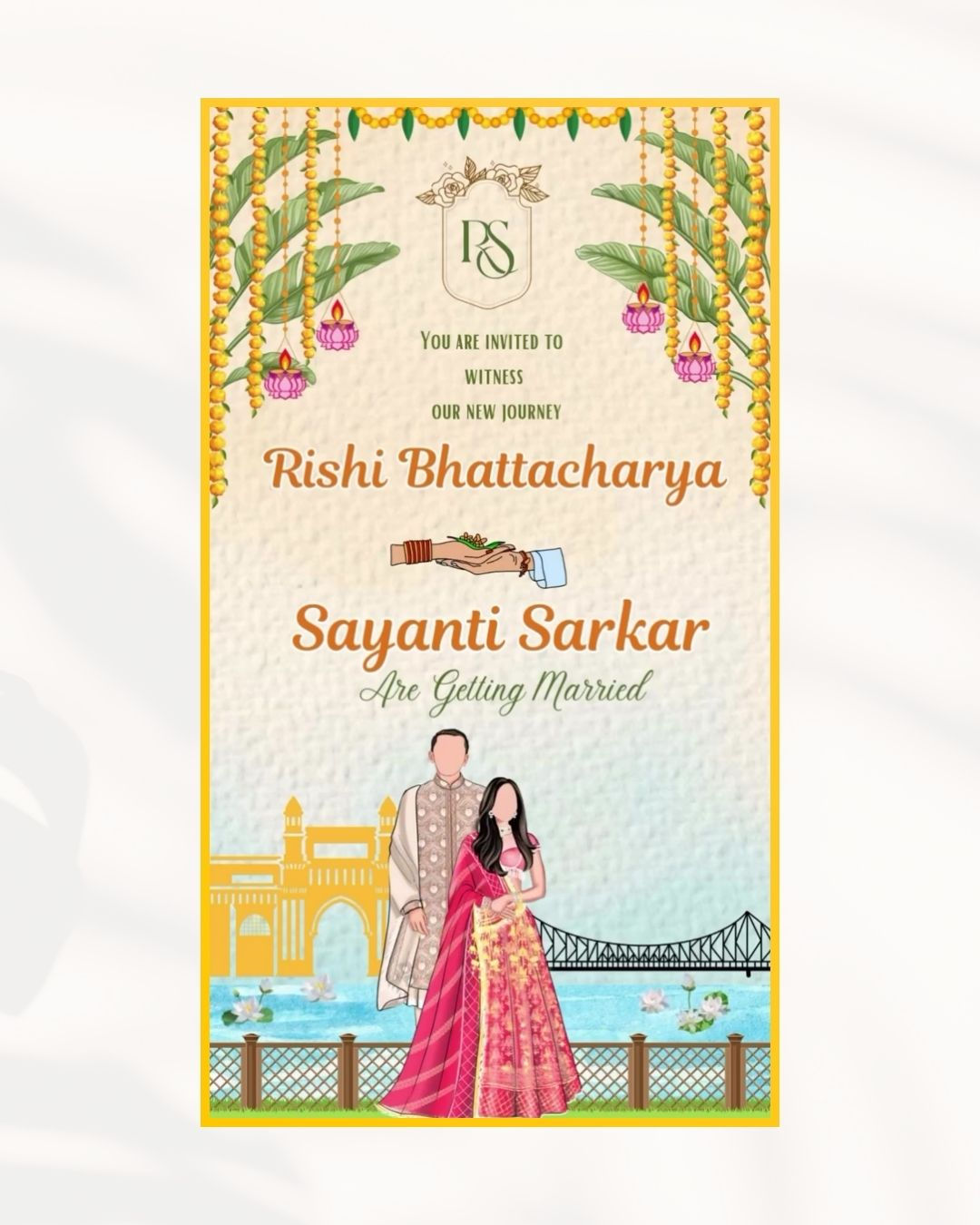 Illustrated Bengali Wedding Invitation with Kolkata Landmarks & Couple Portrait