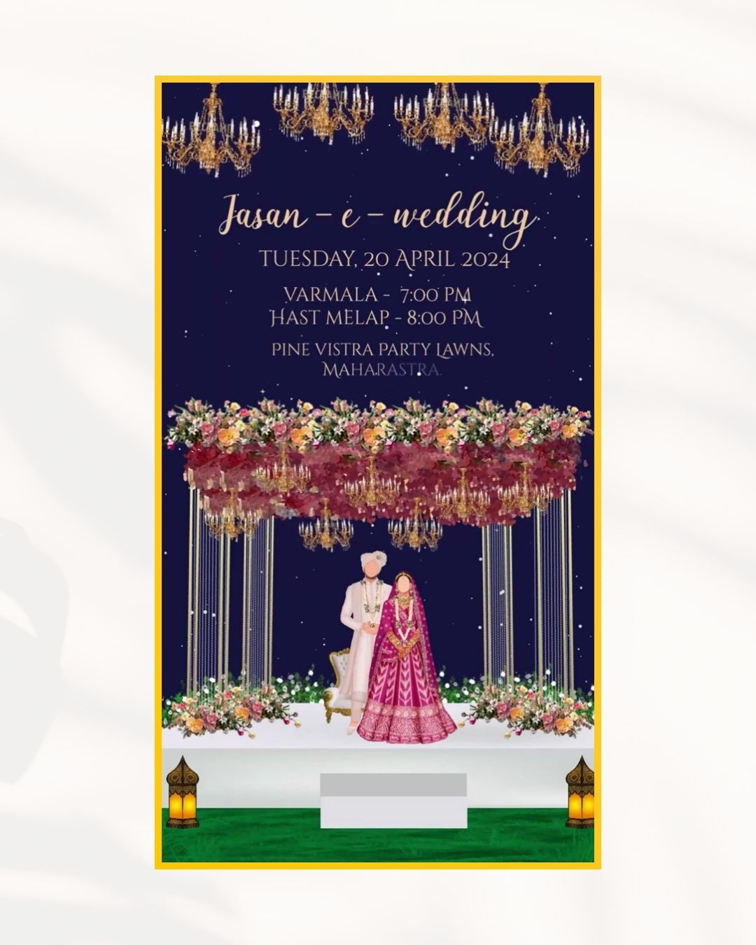 Royal Hindu Night Wedding Invitation Card with Chandelier Floral Mandap and Traditional Bride Groom Illustration