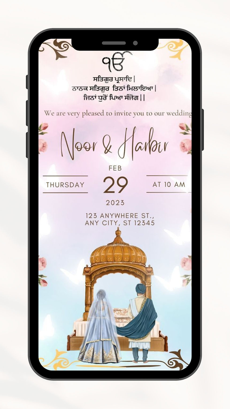 Pastel floral Sikh wedding invitation with Punjabi couple at Anand Karaj ceremony under golden canopy