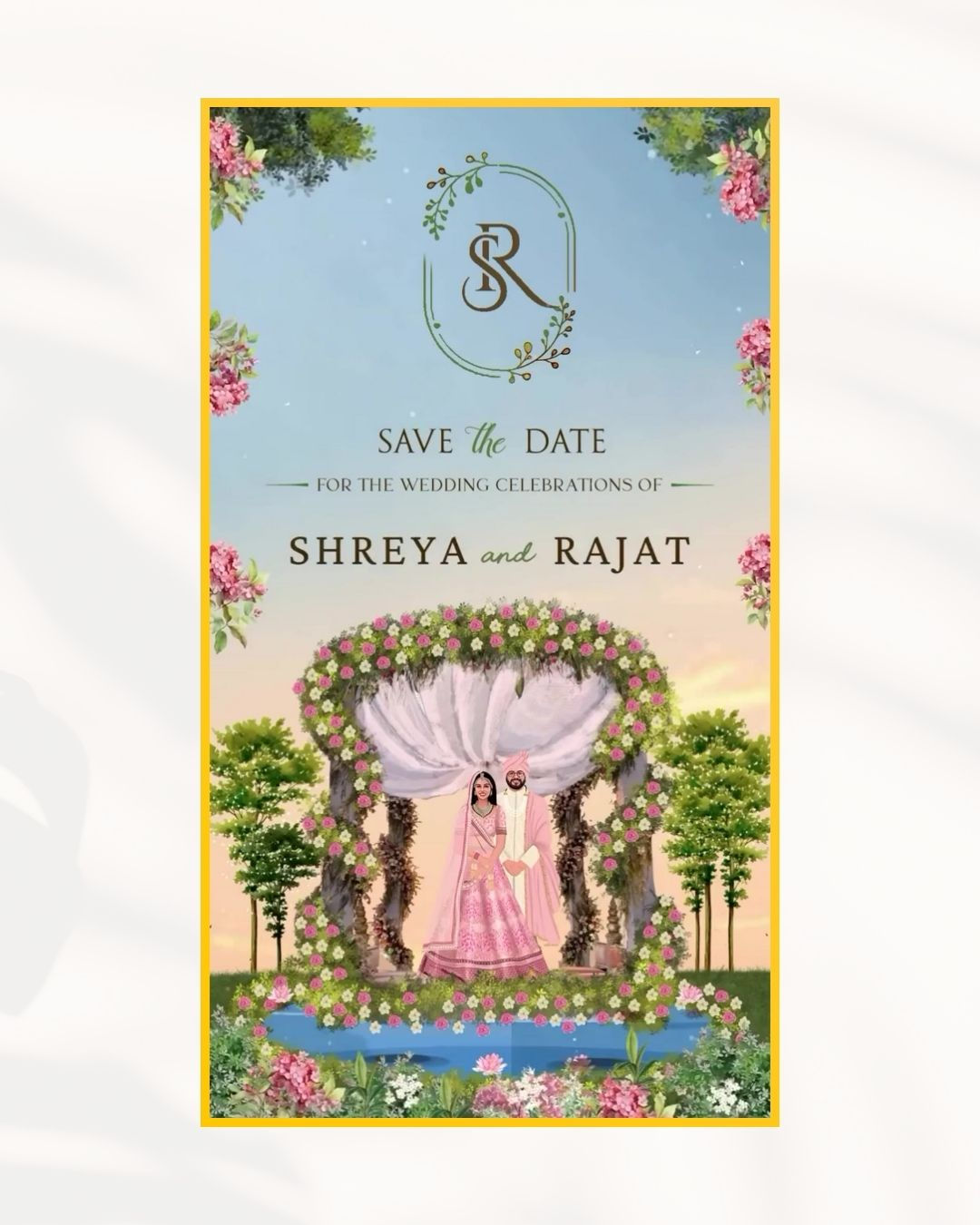 Garden wedding save the date invitation with illustrated couple standing under floral mandap and greenery