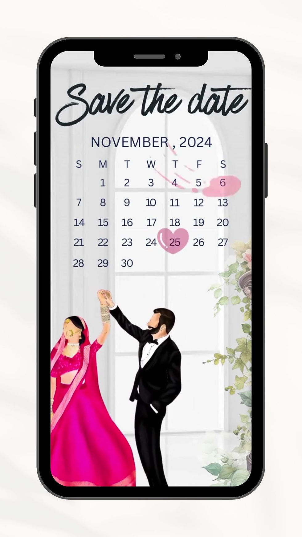 Romantic wedding save the date invitation featuring illustrated bride in pink lehenga and groom in tuxedo