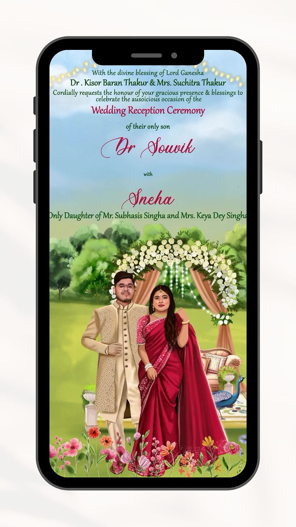 Bengali Wedding Reception Invitation Card with Bride and Groom Caricature and Floral Garden Mandap Theme