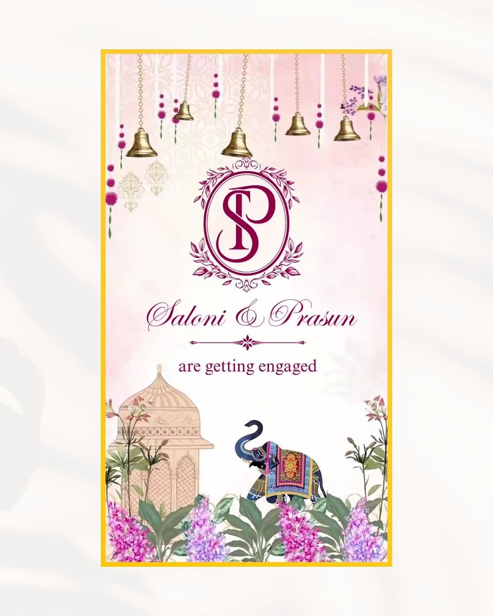 Royal Gujarati engagement digital invitation featuring palace dome, decorated elephant, temple bells and floral border.