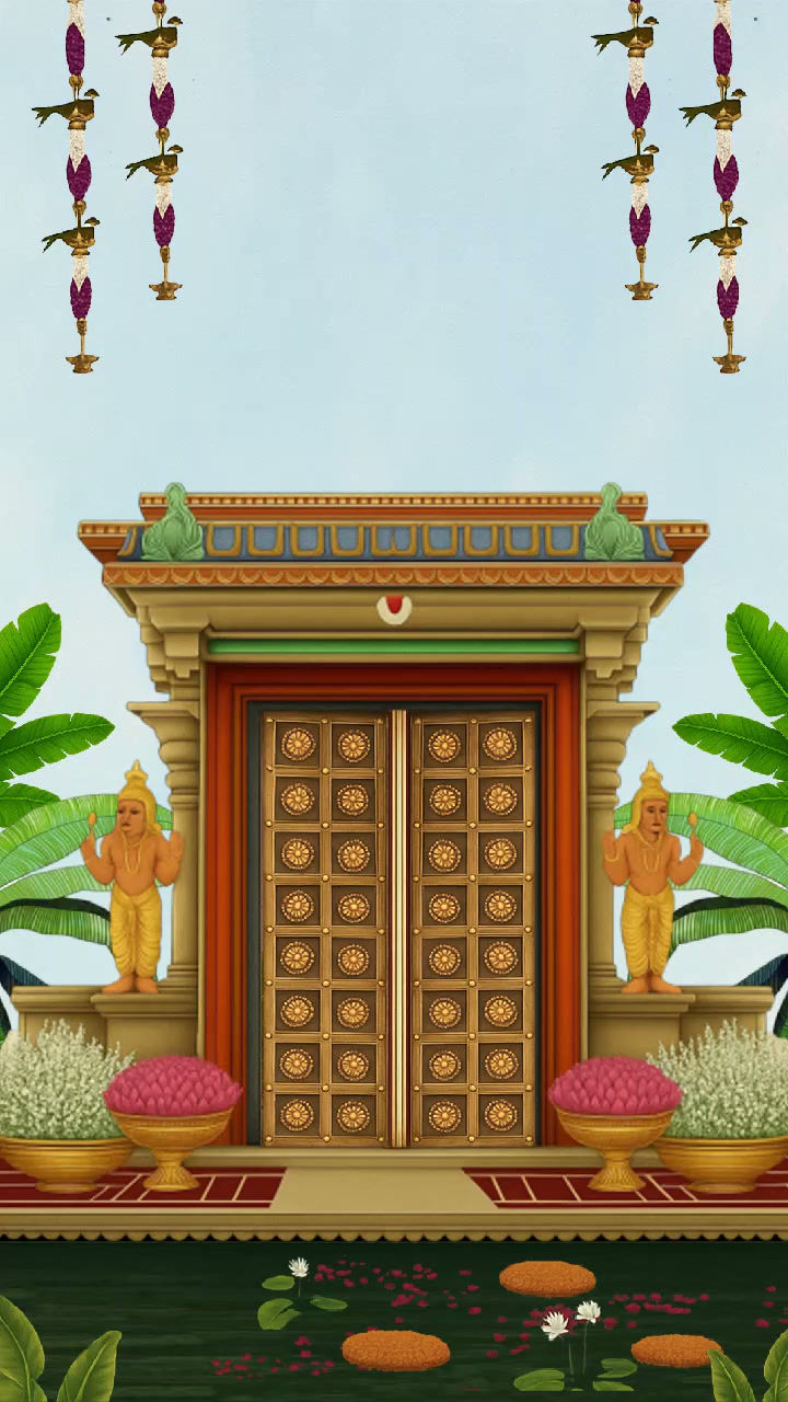 Thumbnail: South Indian Temple Wedding Invite with Couple Illustration & Hanging Bells