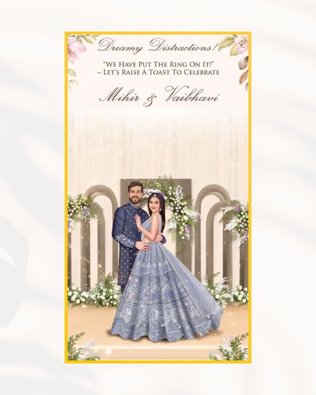 Pastel Floral Hindu Engagement Invitation Card with Romantic Couple Illustration and Elegant Arch Decor for Ring Ceremony