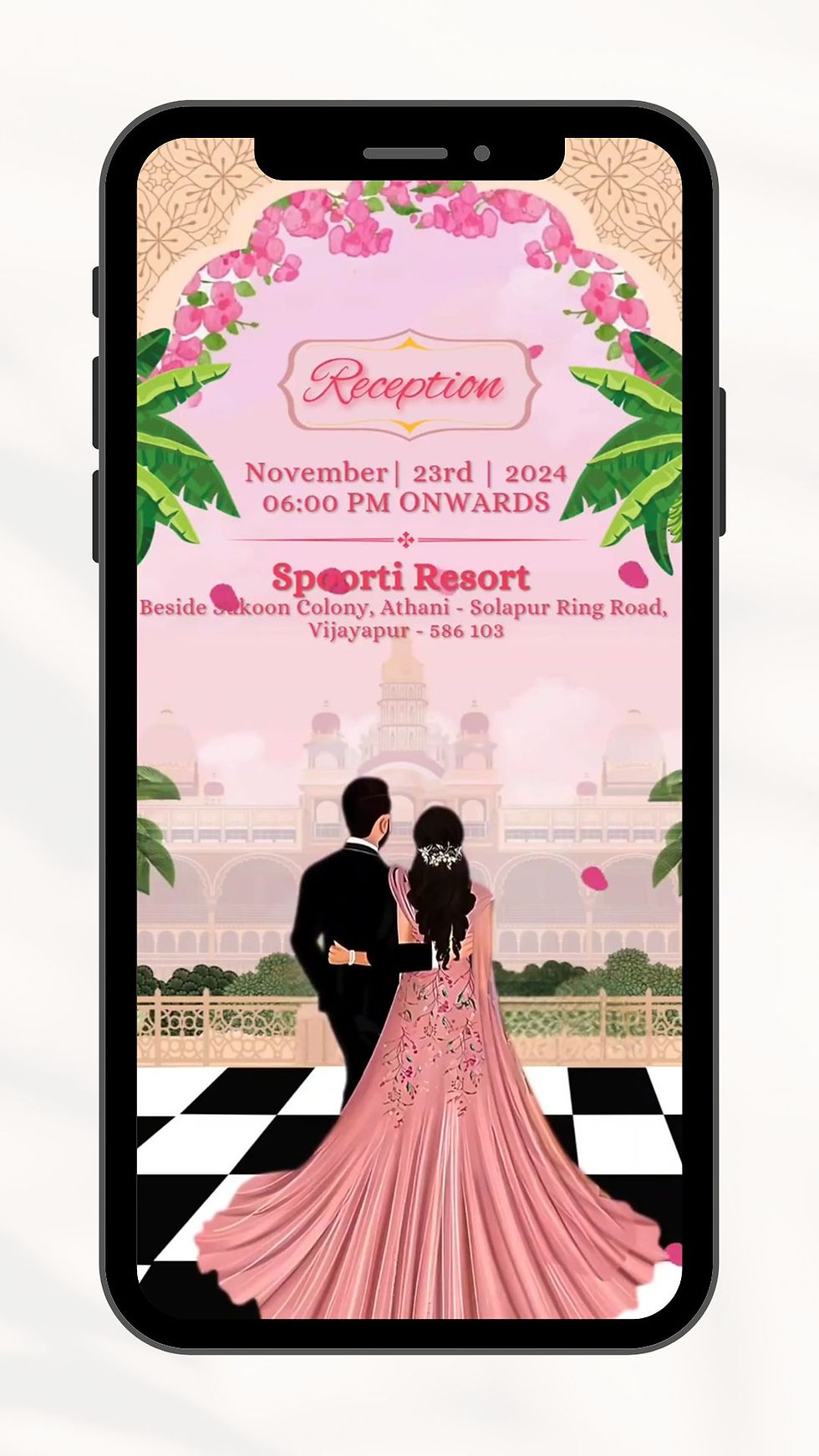 Luxury South Indian wedding reception invitation with royal palace backdrop and illustrated couple in formal attire