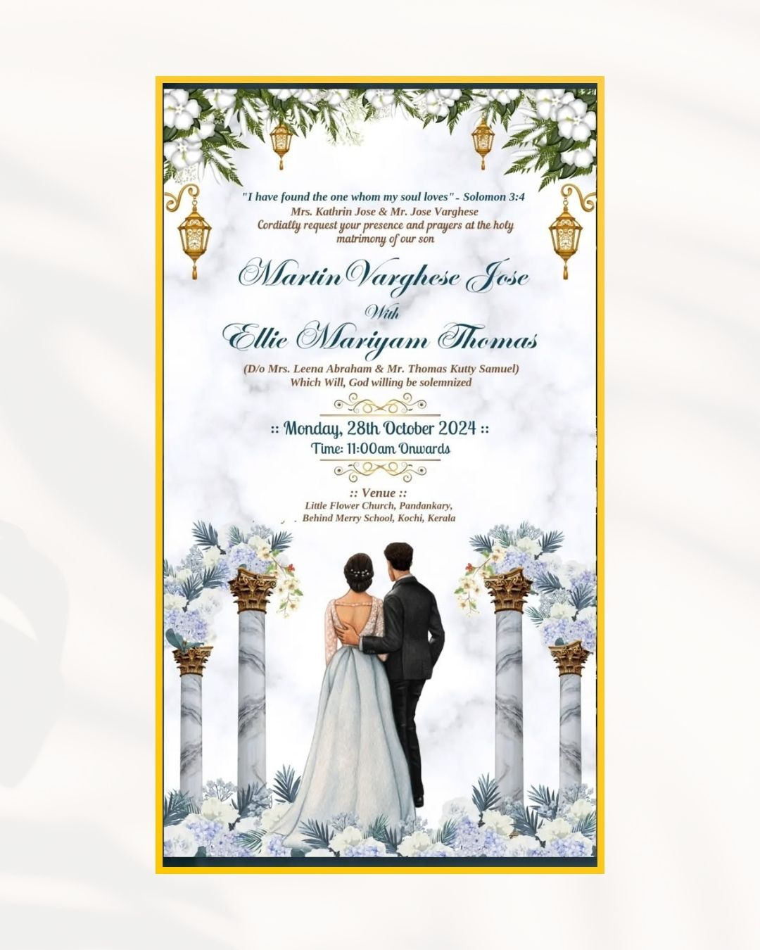 Christian Wedding Invitation with Floral Arch & Couple Illustration