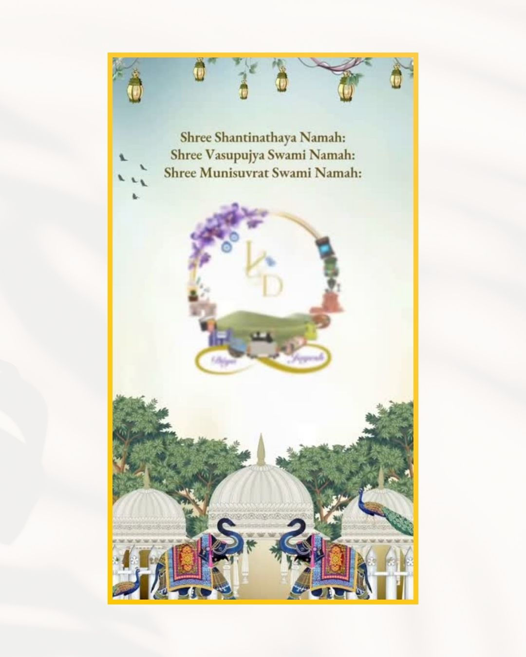Royal Rajasthani Jain wedding invitation with temple domes, elephant motifs, peacocks, and sacred Jain mantras