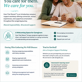 Care That Shares™ workshops are offered in partnership with churches, community centers, and local organizations committed to supporting caregivers and families within their communities.