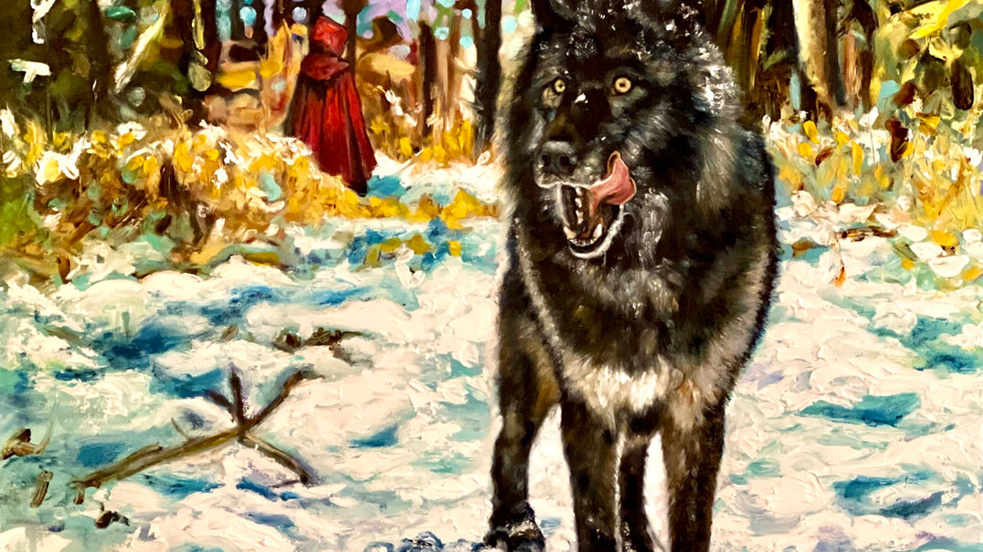 Painted with bold, textured strokes, 'A Wolf's Story' brings folklore to life, capturing the tension between predator and prey, danger and curiosity. The contrast of icy blues, fiery red, and the wolf's dark coat creates both drama and wonder - reminding us that every legend carries deeper truths about survival, instinct, and the shadows within the wild.