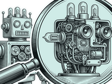 A magnifying glass examining the inside of a robot's head.