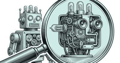 A magnifying glass examining the inside of a robot's head.
