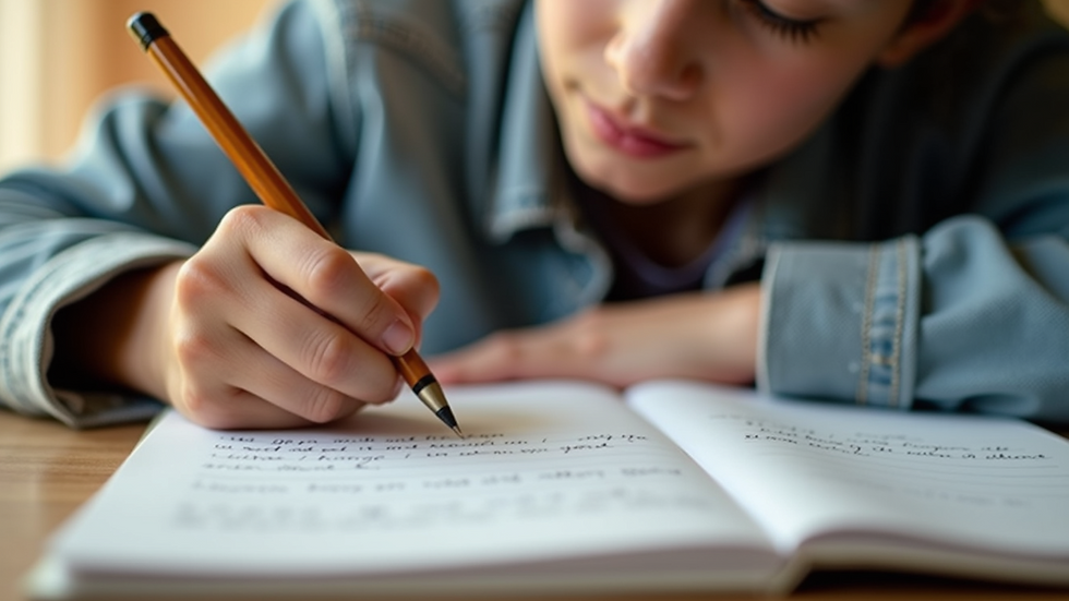 Eye-level view of a young person writing goals in a notebook