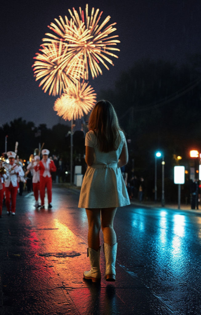Woman in white dress and boots watches a marching band in red uniforms on a wet street. Fireworks light up the night sky. A girl whos emotions are loud.
