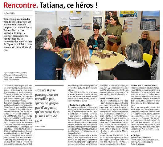 Photo d'un article du Télégramme où Tatiana Gousseff rencontre des membres de l'épicerie solidaire avant le pectacleMa vie en Biais.