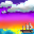 Uma pixel arte de um navio em um fundo de por do sol com degradê do roxo ao amarelo, com nuvens ao céu.