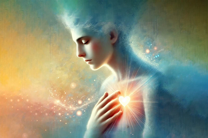 Suluboya ile yapılmış bir kadın portresi. Kalbinden ışık çıkarken eli ile gözleri kapalı şekilde kendini dinliyor.