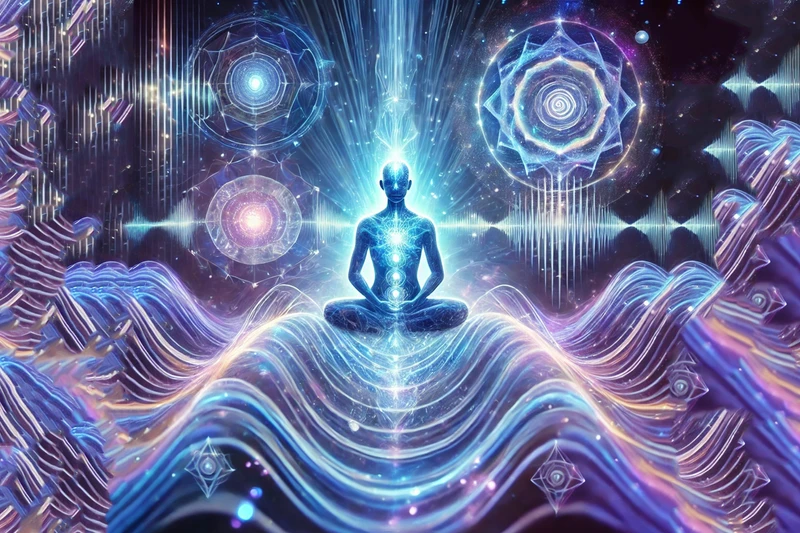 rengaren frekans dalgaları ortasında başından ışık çıkarak meditasyon yapan mavi renkli bir insan figürü