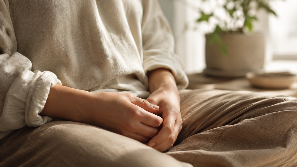 Close-up of a person sitting cross-legged, hands resting in lap. They're wearing beige clothing. Background features a potted plant, soft light.